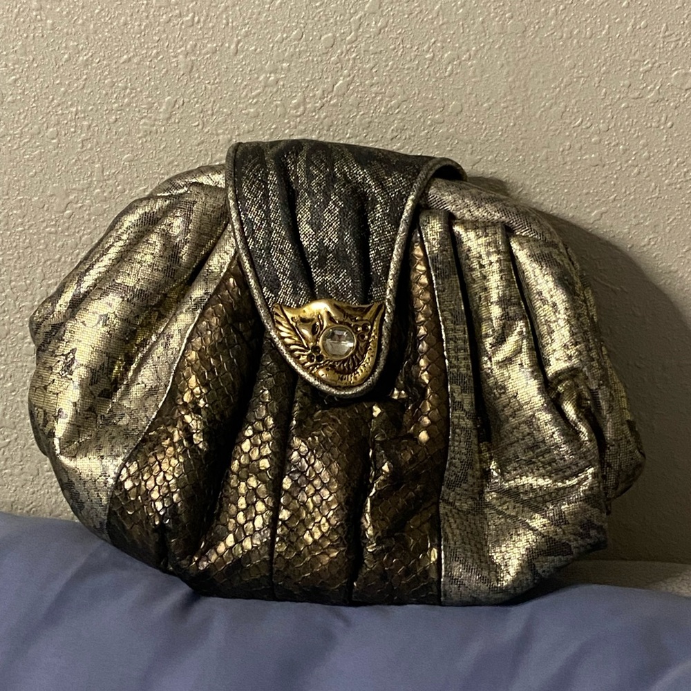 VIVA OF CALIFORNIA Metallic Gold Snakeskin Patchwork Ruched Leather Clutch Bag